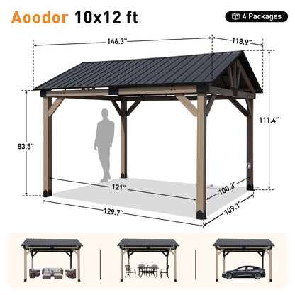10'x12' Outdoor Patio Wooden Frame Gazebo with Galvanized Metal Hardtop Roof and Outlets