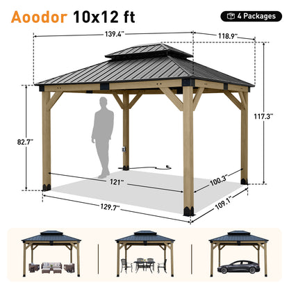 10'x12' Outdoor Patio Wooden Frame Gazebo with 2-Tier Galvanized Metal Hardtop Roof and Outlets