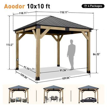 10'x10' Outdoor Patio Wooden Frame Gazebo with Galvanized Metal Hardtop Roof and Outlets