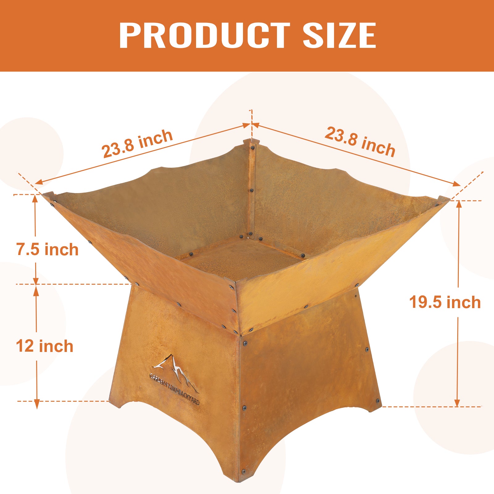 Aoodor 24" Rustic Corten Steel Fire Pit with 12" Stand, Rust Patina Finish, Detachable Wood-Burning Fire Bowl for Outdoors Product Size