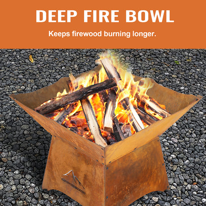 Aoodor 24" Rustic Corten Steel Fire Pit with 12" Stand, Rust Patina Finish, Detachable Wood-Burning Fire Bowl for Outdoors Deep Fire Bowl