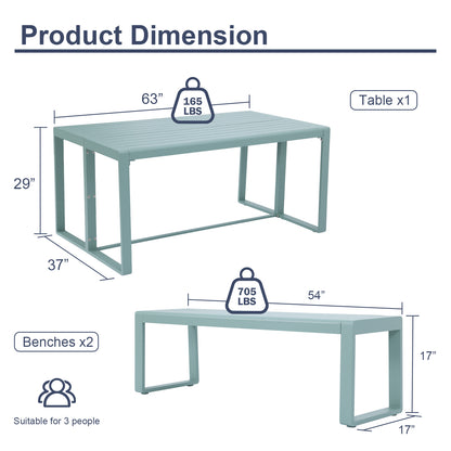 Aoodor 3-Piece Outdoor Patio Aluminum Dining Set with 1 Rectangular Picnic Table and 2 Benches Paleturquoise-product dimension
