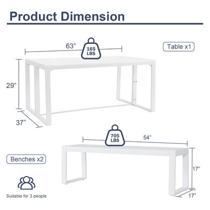 Aoodor 3-Piece Outdoor Patio Aluminum Dining Set with 1 Rectangular Picnic Table and 2 Benches White-product dimension