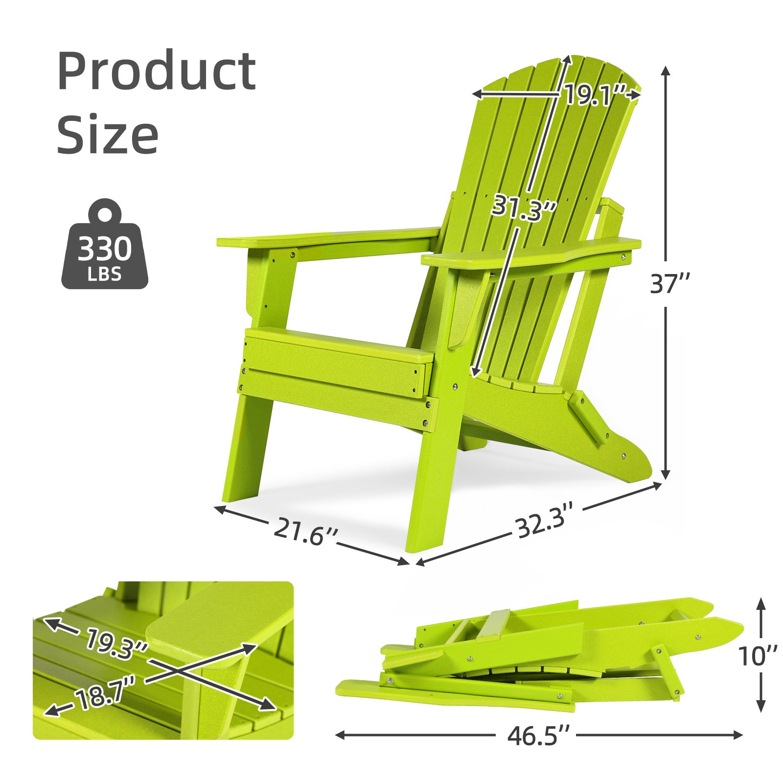 Aoodor Folding Adirondack Chair Lemon Green - Product Size