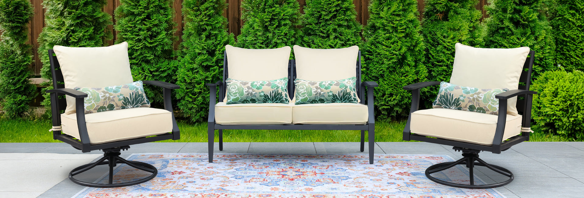 Aoodor Patio Deep Chair Cushion, 2 Back 2 Seater 2 Pillow, Cream Yellow