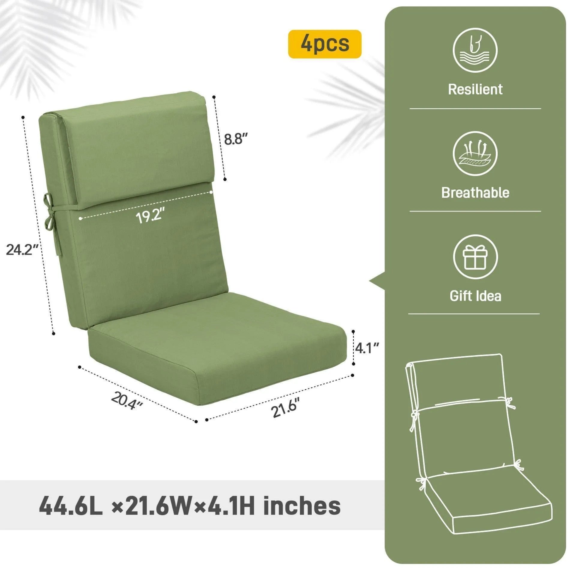 High Back Chair Cushions Set of 4, UV-Protected & Water-Resistant, 45 x 22 x 4 Inches Aoodor