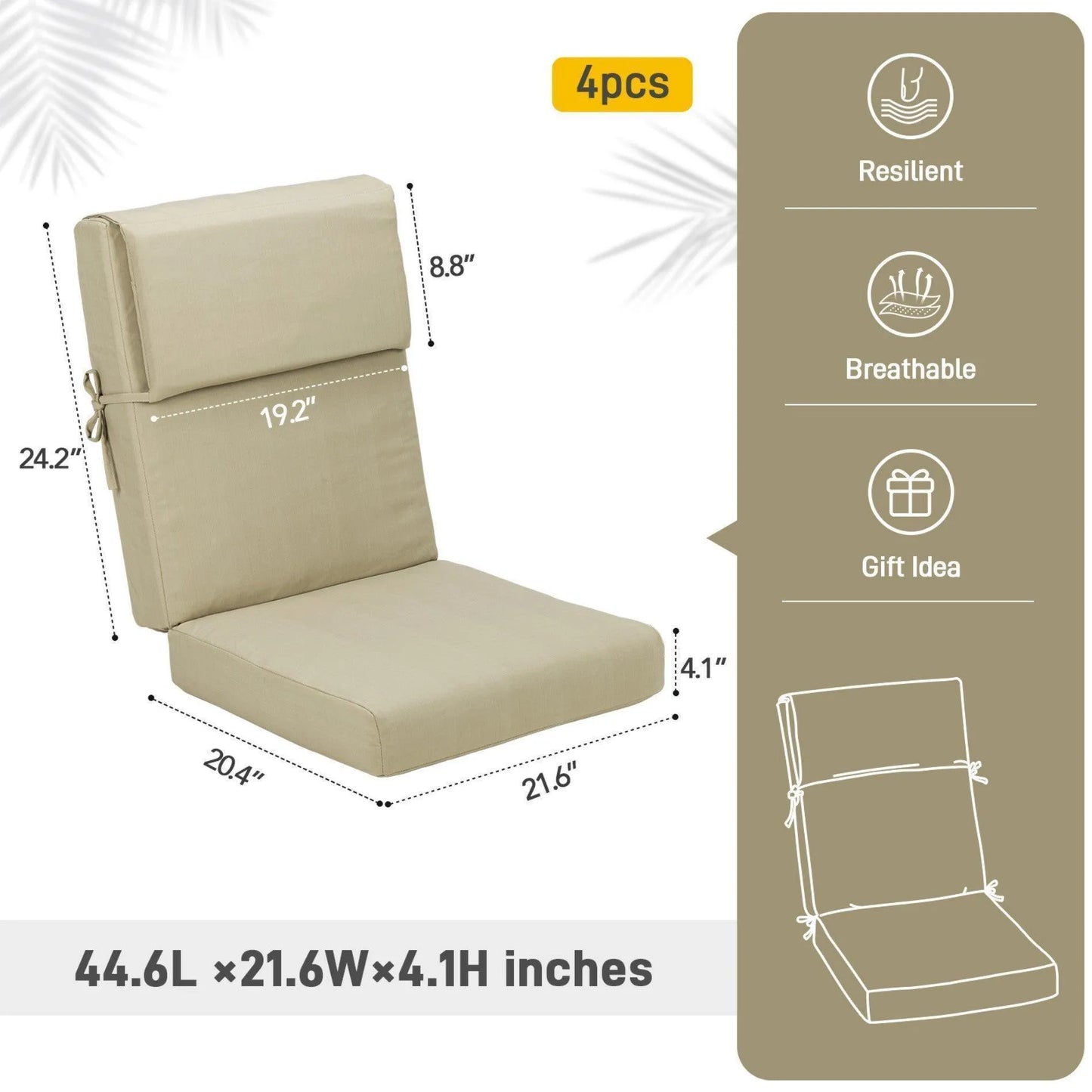 High Back Chair Cushions Set of 4, UV-Protected & Water-Resistant, 45 x 22 x 4 Inches Brown Size Aoodor