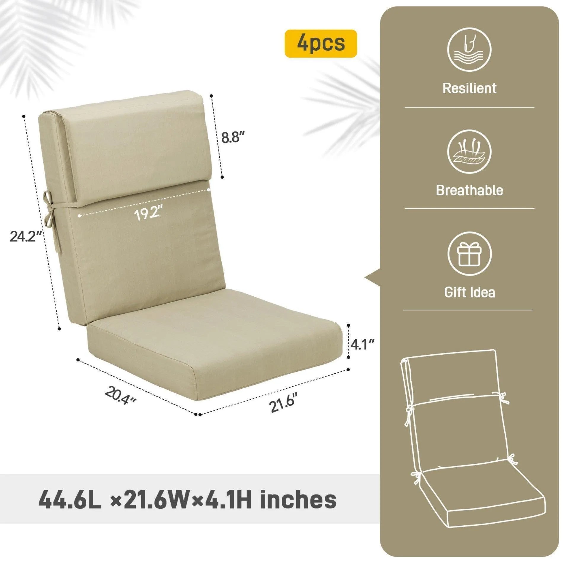 High Back Chair Cushions Set of 4, UV-Protected & Water-Resistant, 45 x 22 x 4 Inches Brown Size Aoodor