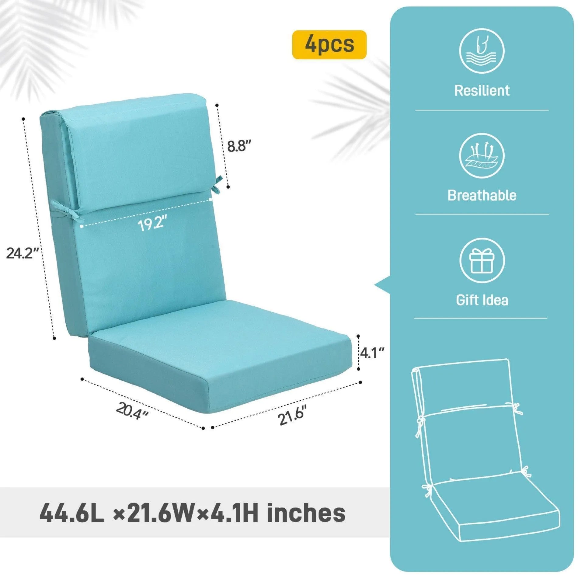 High Back Chair Cushions Set of 4, UV-Protected & Water-Resistant, 45 x 22 x 4 Inches Blue Size Aoodor