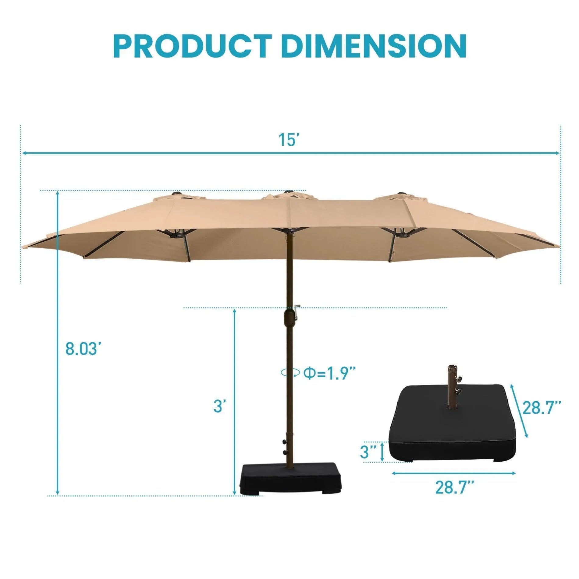 Market Umbrella with Base Stand 15 Ft.Brown Aoodor