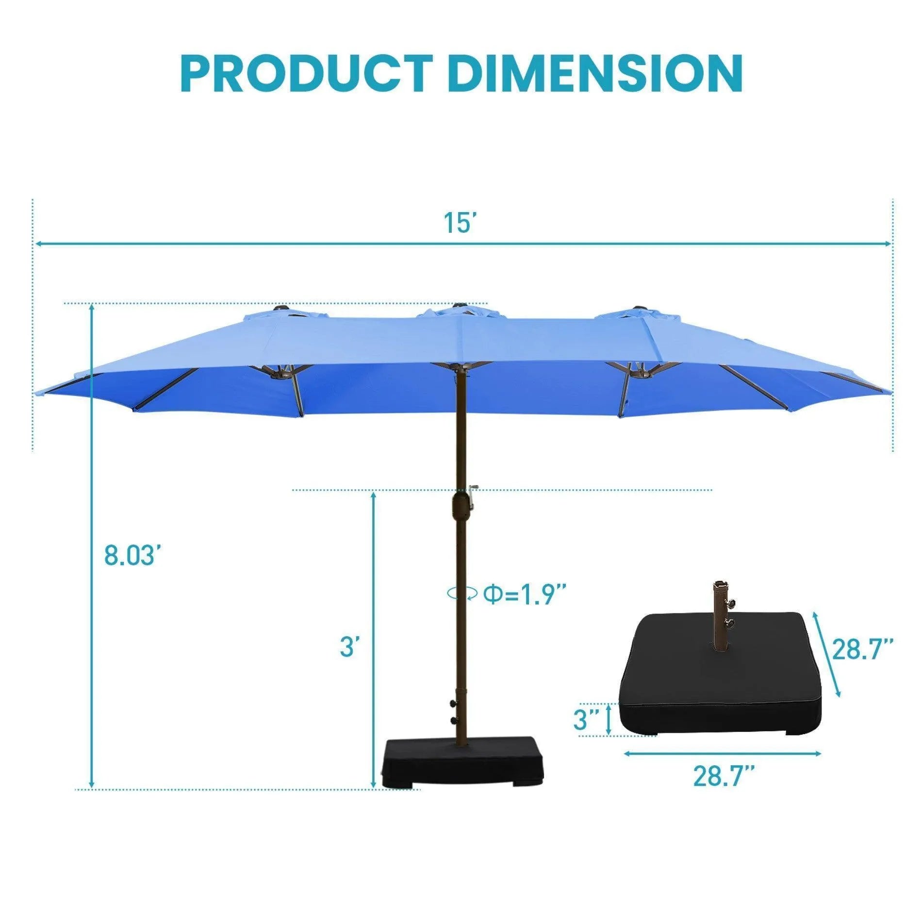 Market Umbrella with Base Stand 15 Ft. Blue Aoodor