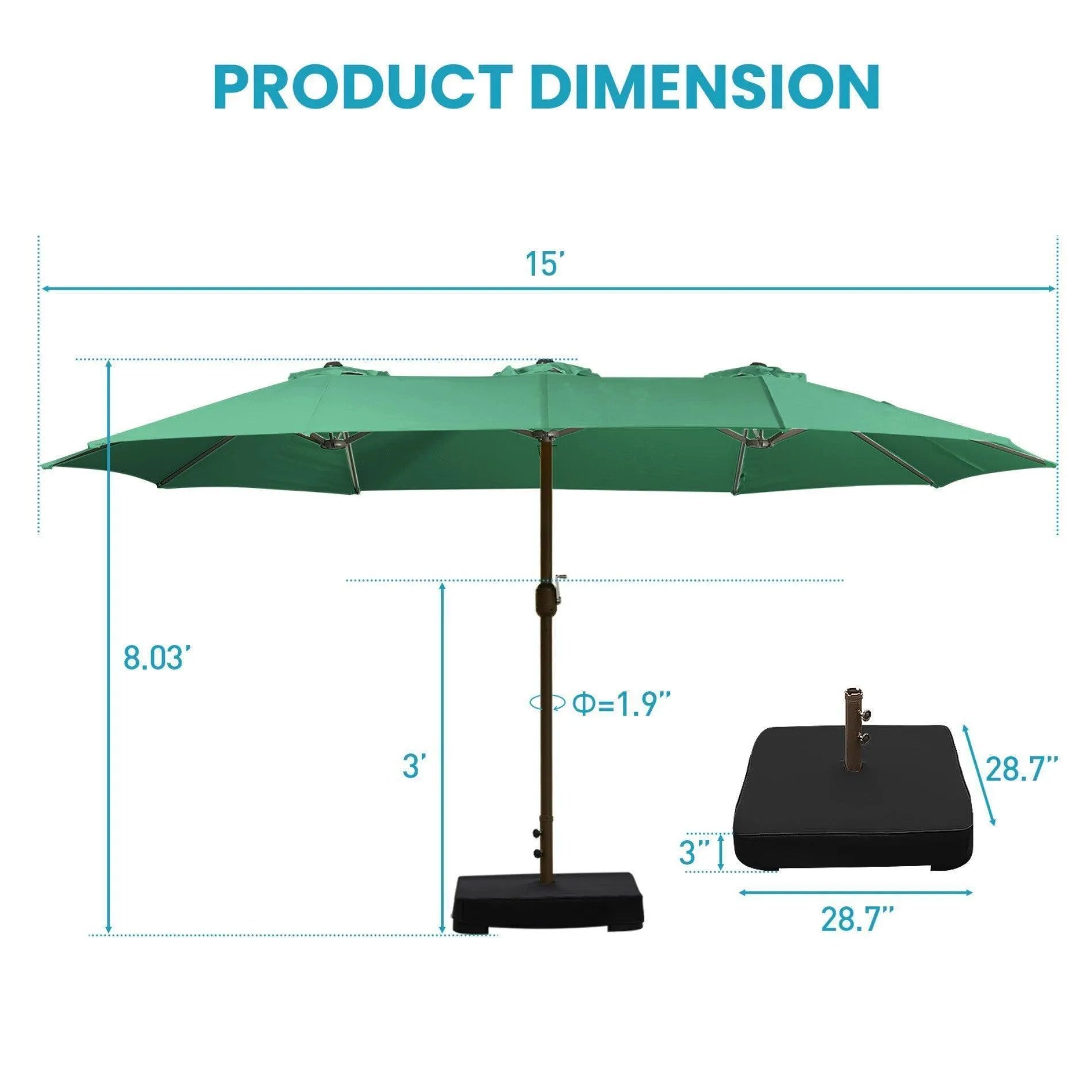 Market Umbrella with Base Stand 15 Ft. Green Aoodor