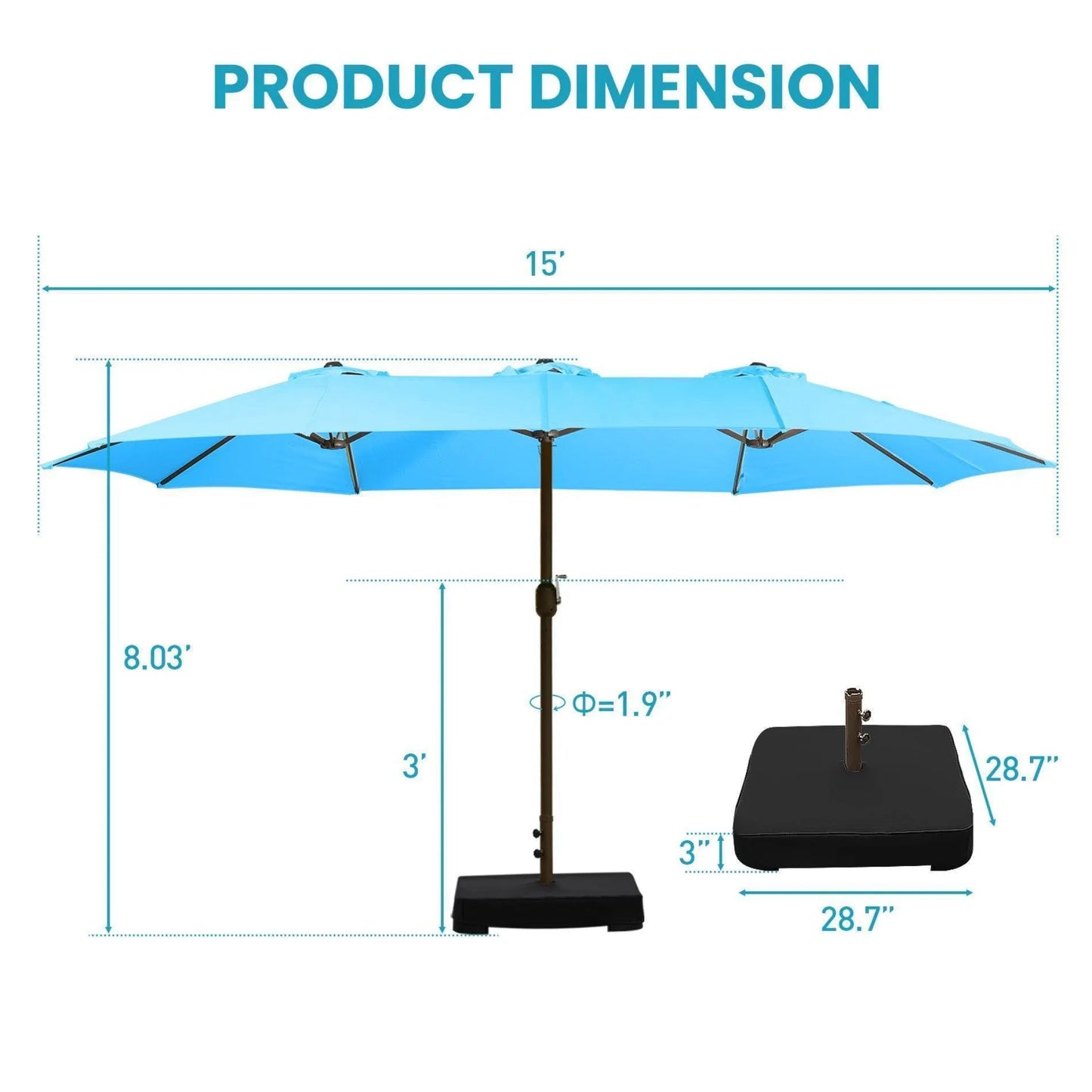 Market Umbrella with Base Stand 15 Ft. Light Blue Aoodor