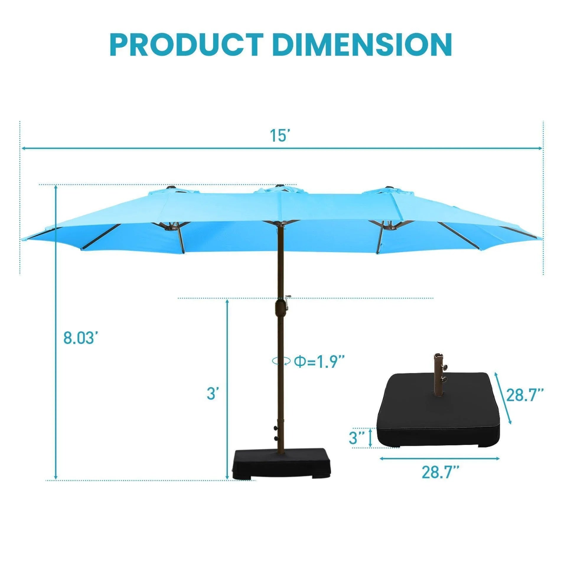 Market Umbrella with Base Stand 15 Ft. Light Blue Aoodor