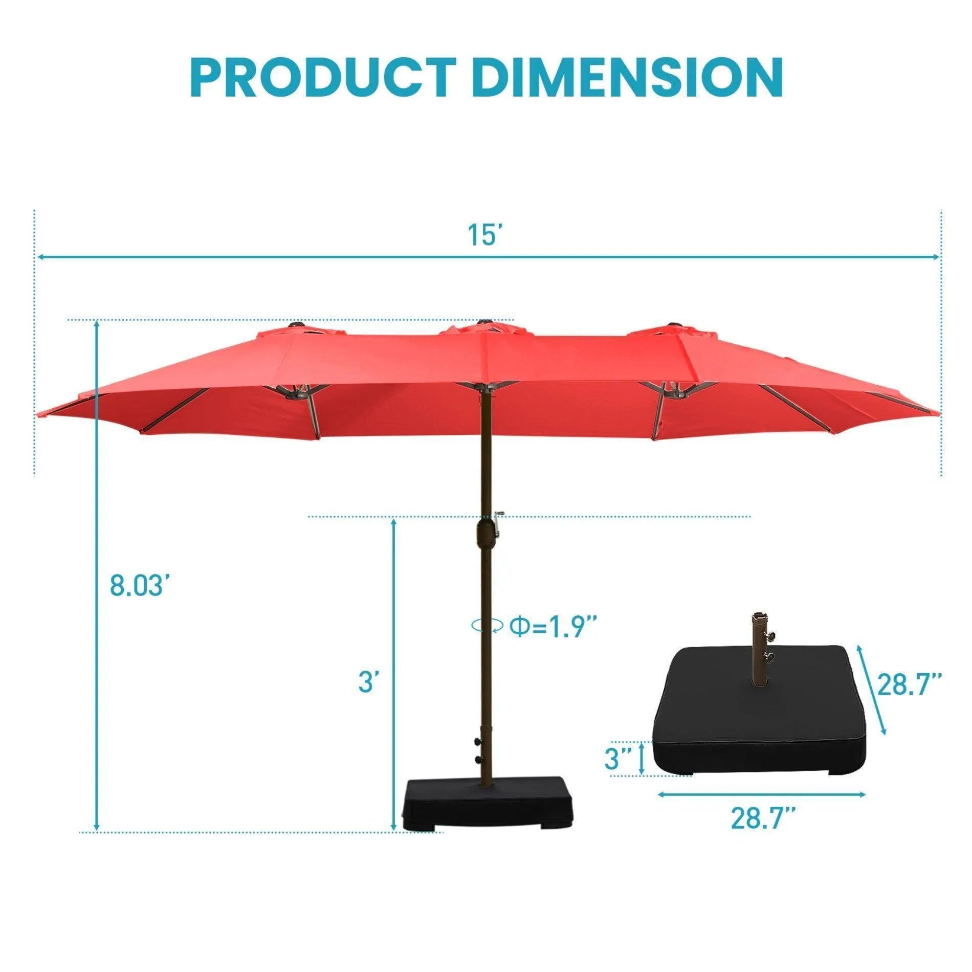 15 twin patio umbrella double sided outdoor market umbrella ft Double-Sided with 48 Solar LED Lights and Base Orange with plastic base and steel cross base 15 ft. Double Sided Market