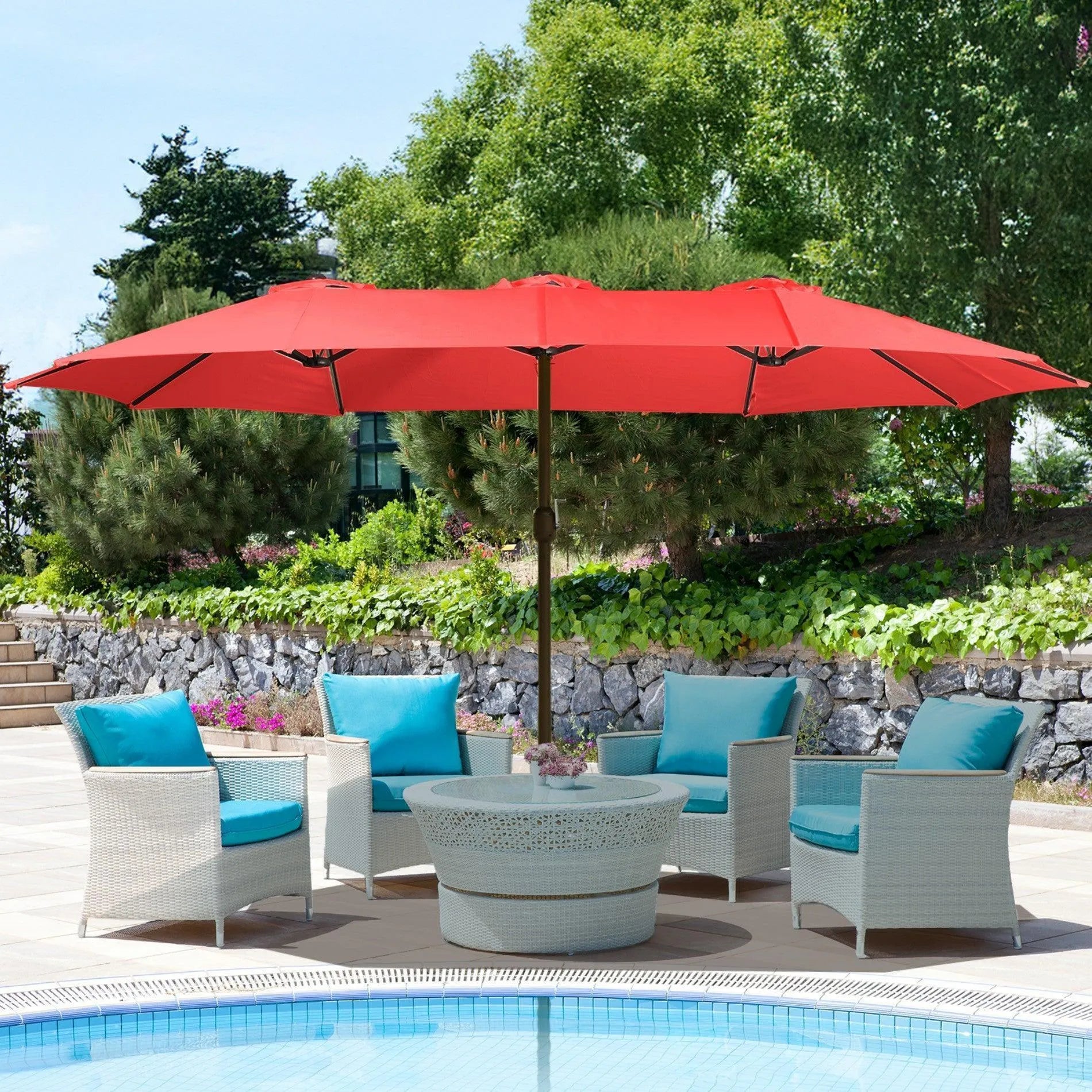 Market Umbrella with Base Stand 15 Ft. Wine Red Aoodor