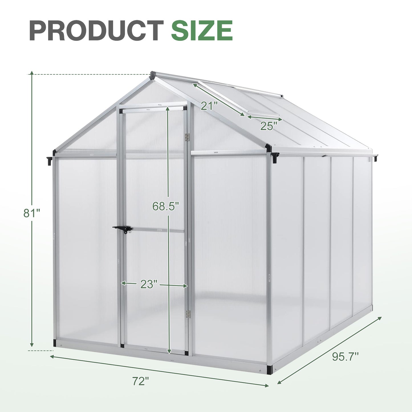 6x8/6x10 ft. Walk-in Polycarbonate Greenhouse with Roof Vent and Door lock