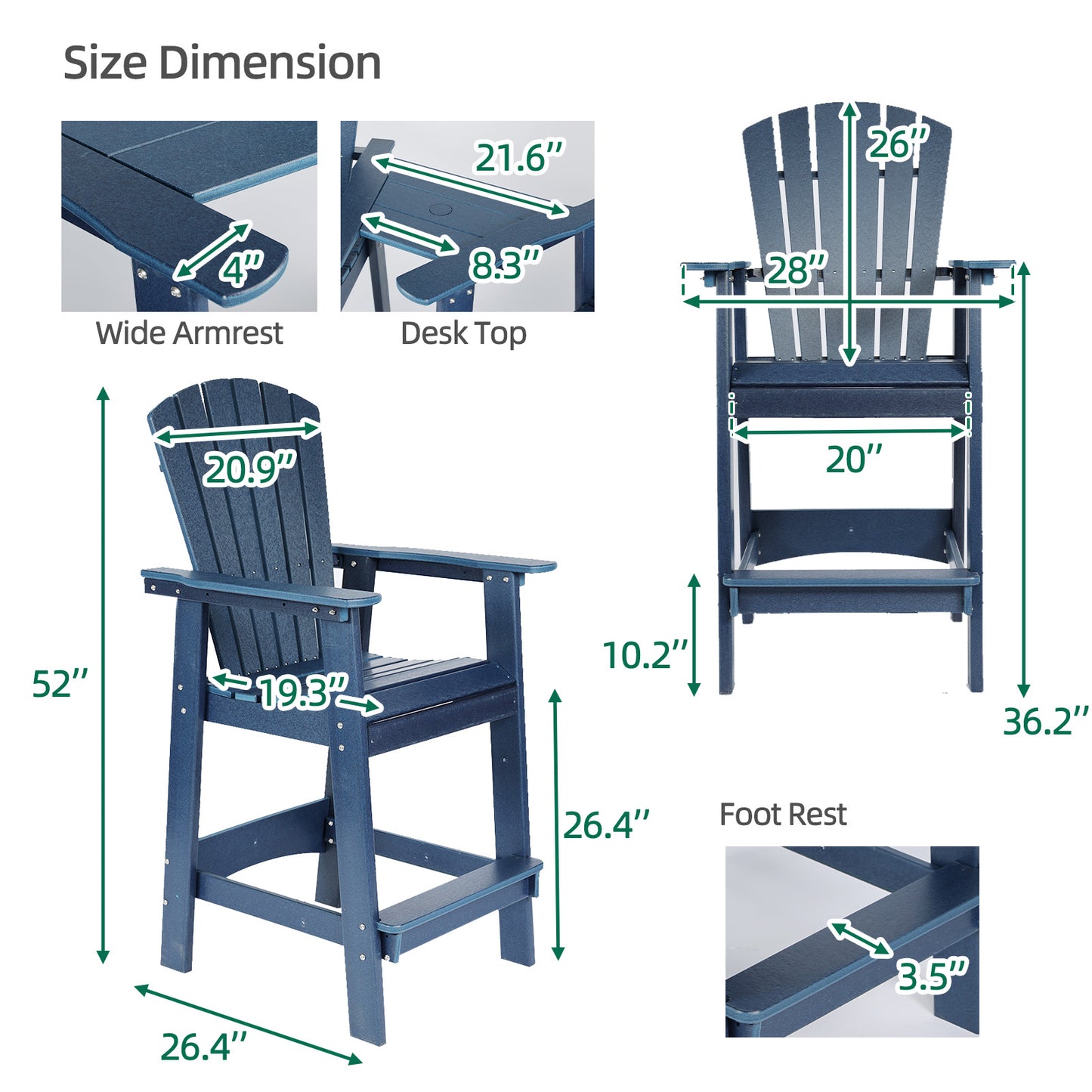 Tall Adirondack Chairs Set of 2,HDPE Patio Bar Stool with Connecting Tray