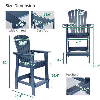 Tall Adirondack Chairs Set of 2,HDPE Patio Bar Stool with Connecting Tray