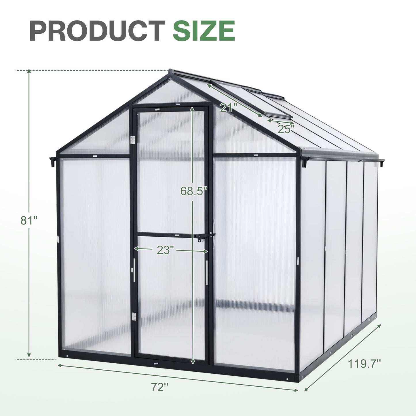 6x8/6x10 ft. Walk-in Polycarbonate Greenhouse with Roof Vent and Door lock