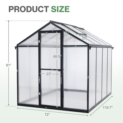 6x8/6x10 ft. Walk-in Polycarbonate Greenhouse with Roof Vent and Door lock