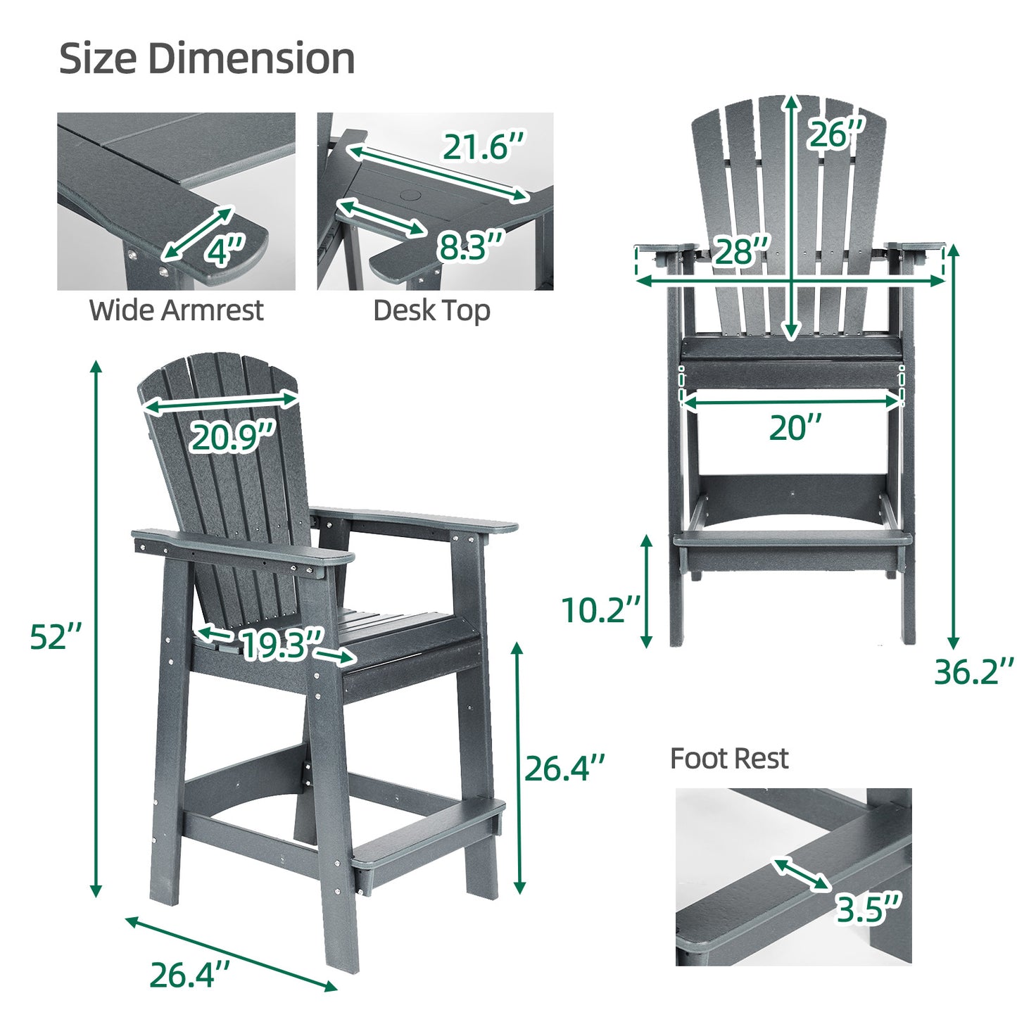 Tall Adirondack Chairs Set of 2,HDPE Patio Bar Stool with Connecting Tray