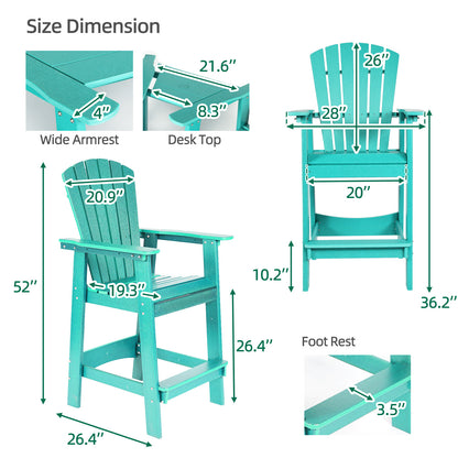 Tall Adirondack Chairs Set of 2,HDPE Patio Bar Stool with Connecting Tray