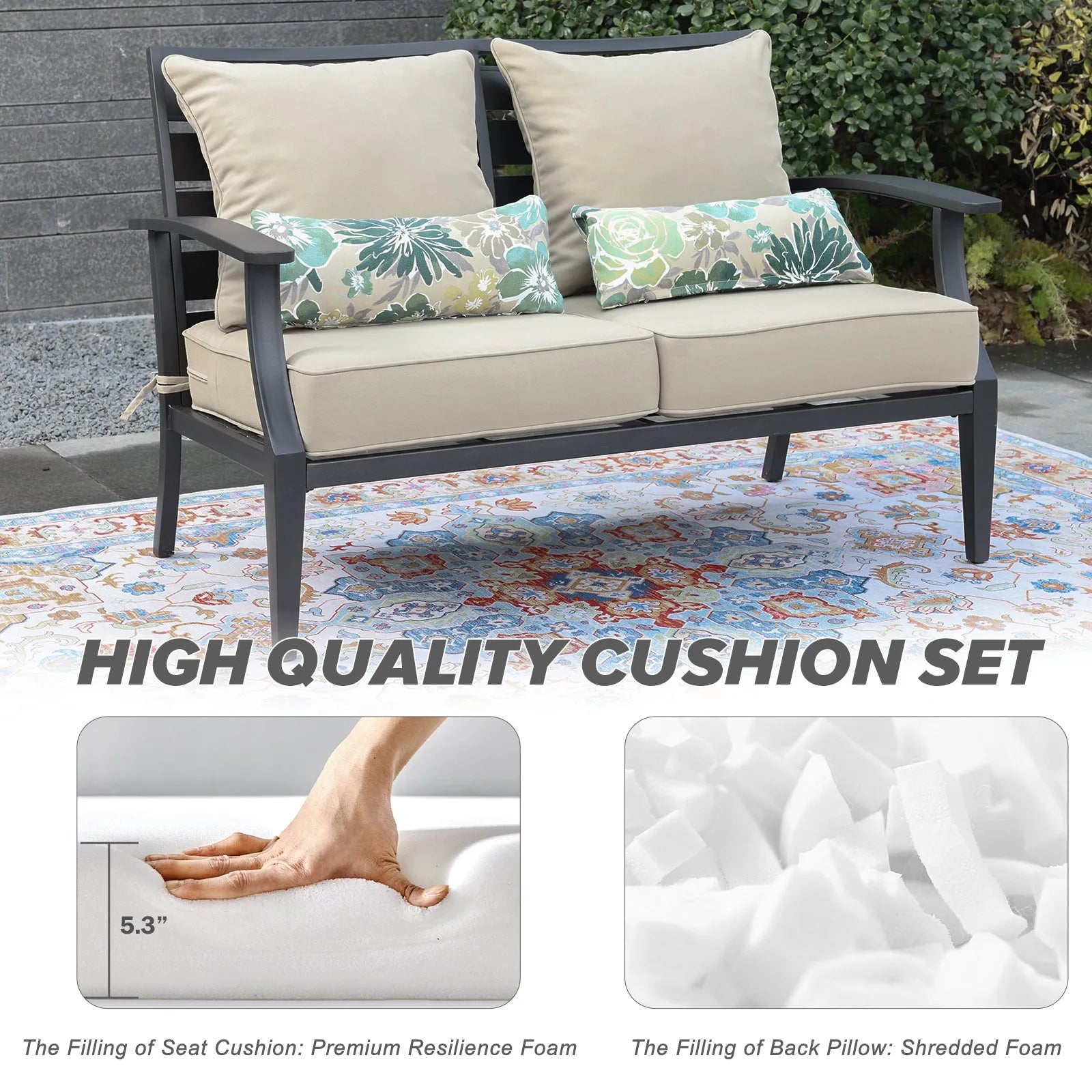 Patio Deep Chair Cushion, 2 Back 2 Seater 2 Pillow, Brown Aoodor High Quality Cushion Set
