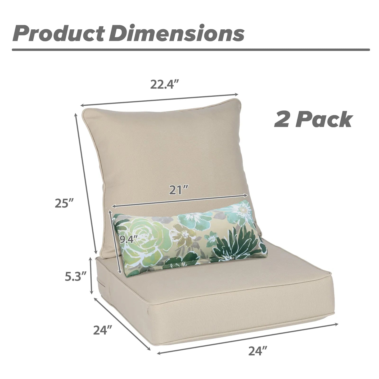 Patio Deep Chair Cushion, 2 Back 2 Seater 2 Pillow, Brown Aoodor 24"x24"