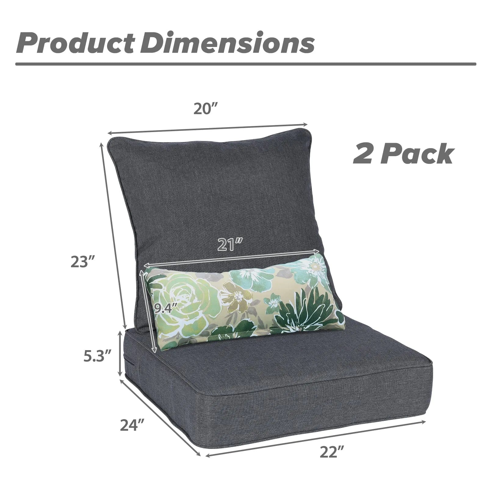 Patio Deep Chair Cushion, 2 Back 2 Seater 2 Pillow, Charcoal Aoodor 22"x24"
