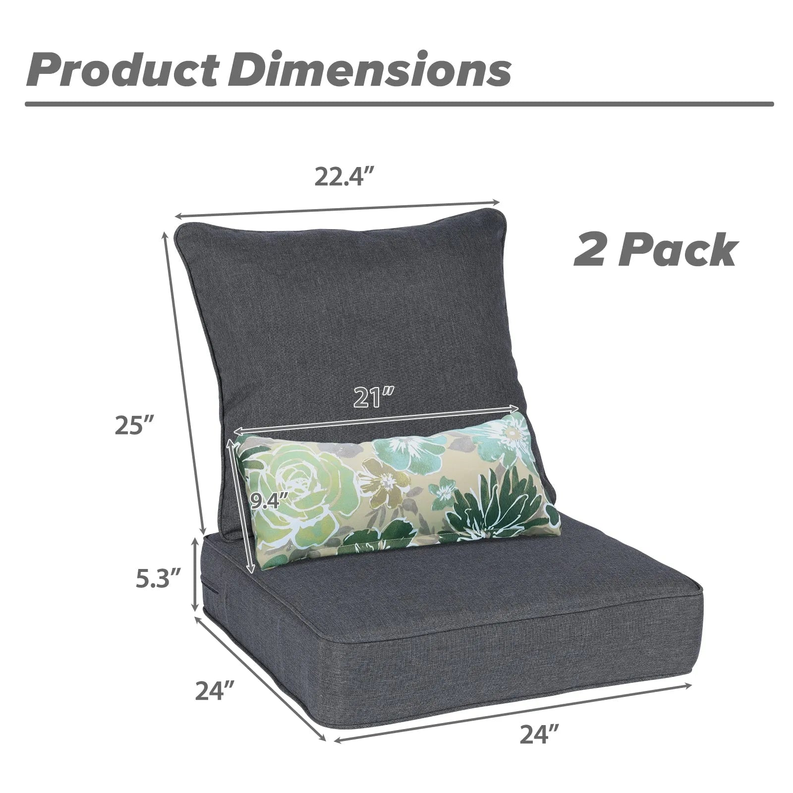 Patio Deep Chair Cushion, 2 Back 2 Seater 2 Pillow, Charcoal Aoodor 24"x24"