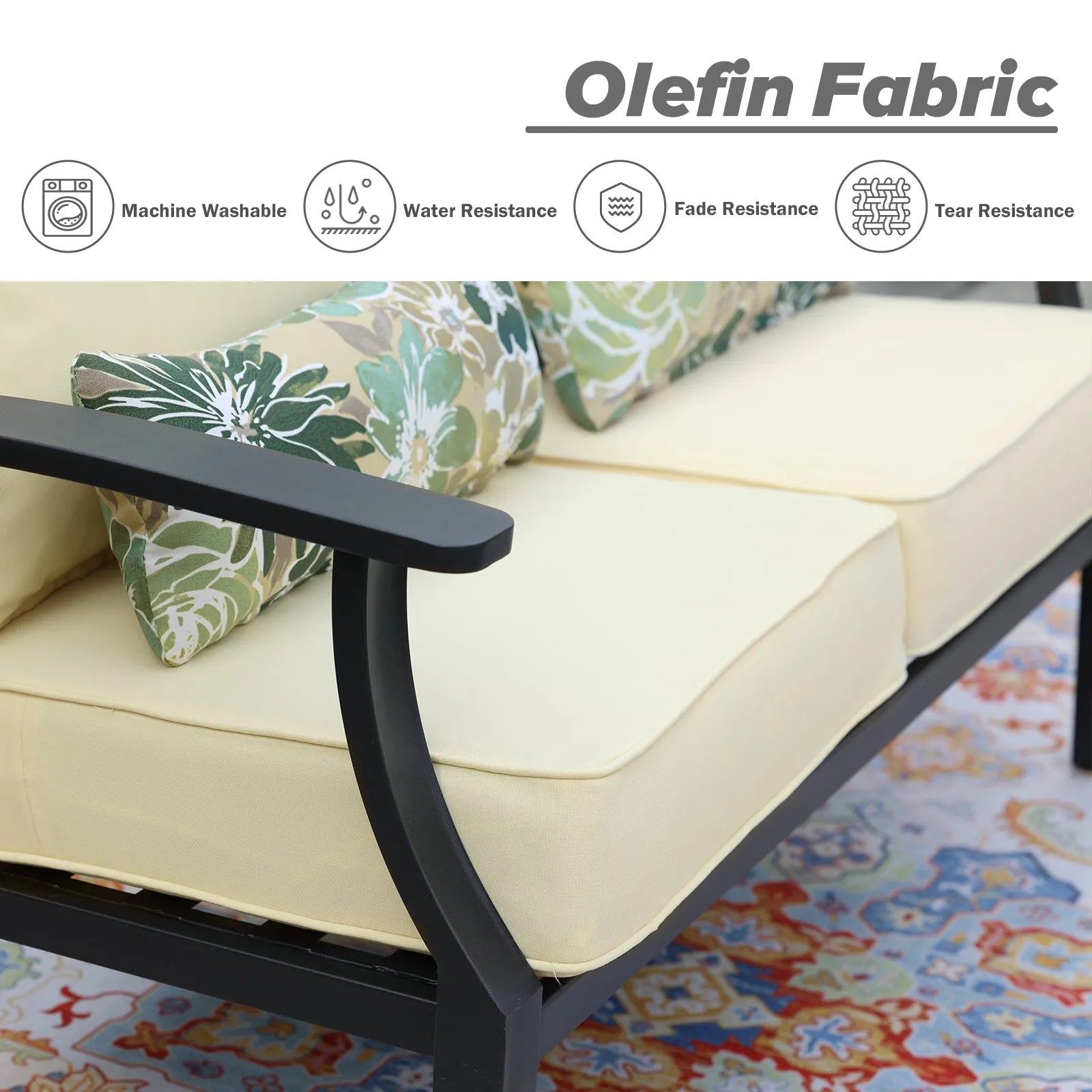 Patio Deep Chair Cushion, 2 Back 2 Seater 2 Pillow, Cream Yellow Aoodor Olefin Fabric