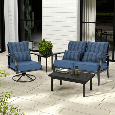 Patio Deep Chair Cushion, 2 Back 2 Seater 2 Pillow, Dark Blue Stripe
