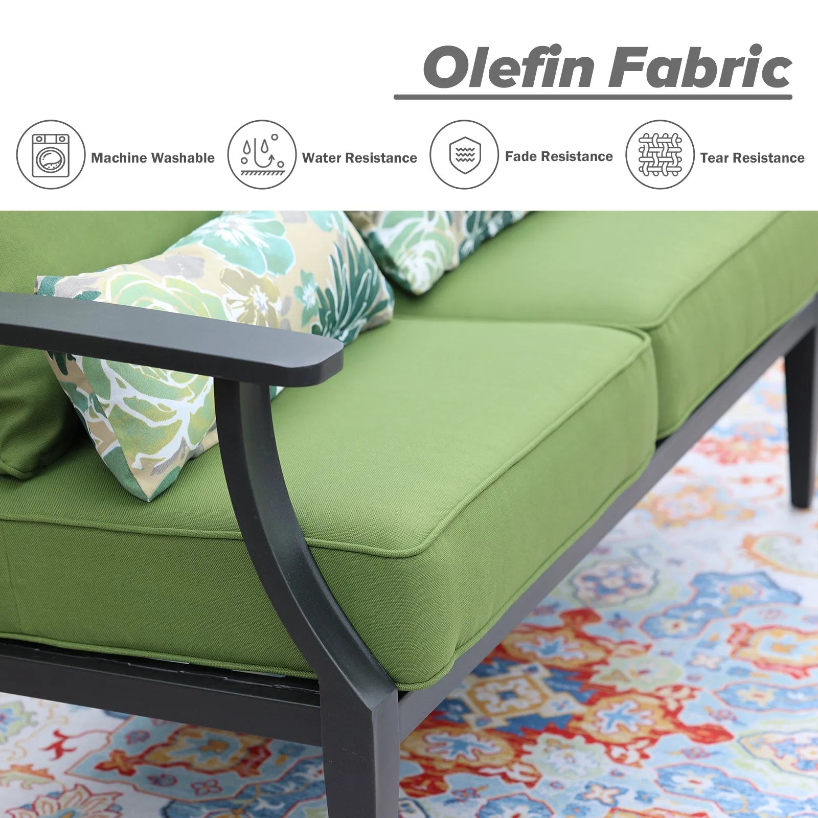 Patio Deep Chair Cushion, 2 Back 2 Seater 2 Pillow, Green Aoodor Olefin Fabric
