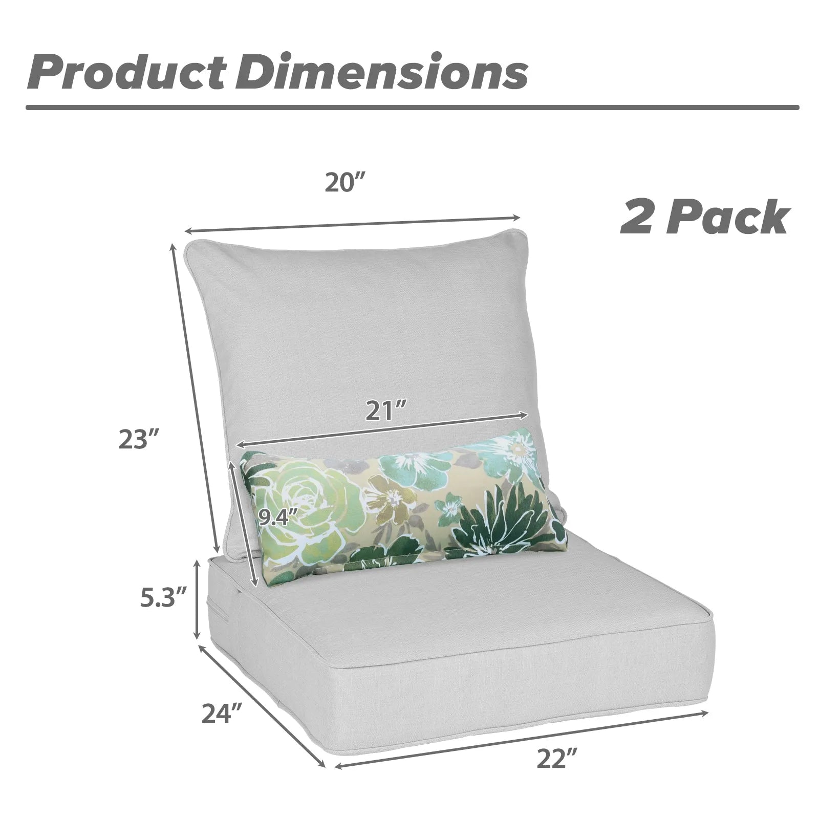 Patio Deep Chair Cushion, 2 Back 2 Seater 2 Pillow, Light Gray Aoodor 24" product dimensions