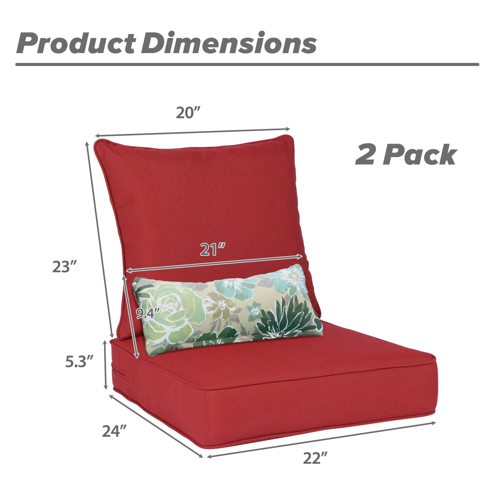Patio Deep Chair Cushion, 2 Back 2 Seater 2 Pillow, Red Aoodor 22x24x5 inch