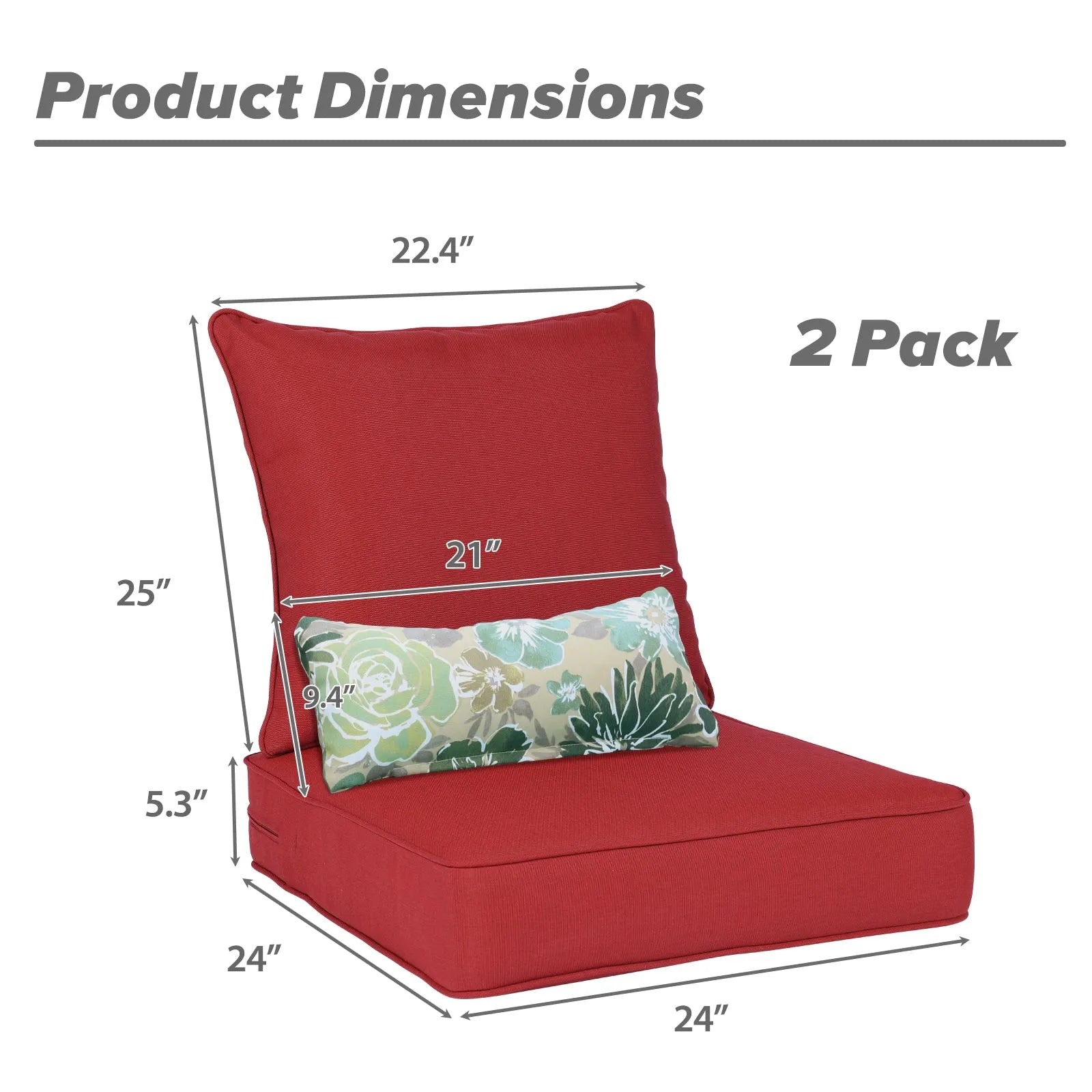 Patio Deep Chair Cushion, 2 Back 2 Seater 2 Pillow, Red Aoodor 24x24x5 inch