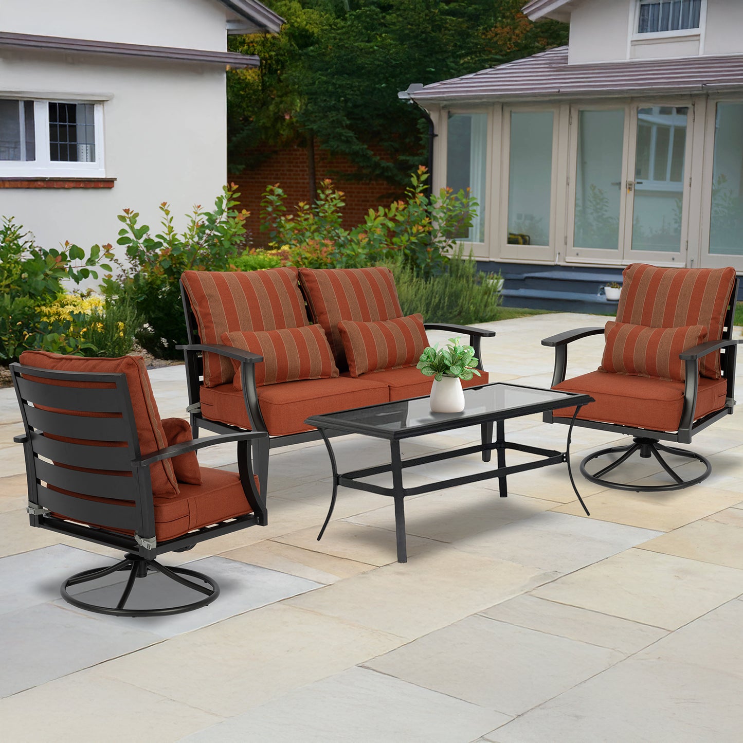 Patio Deep Chair Cushion, 2 Back 2 Seater 2 Pillow, Wine Red Stripe
