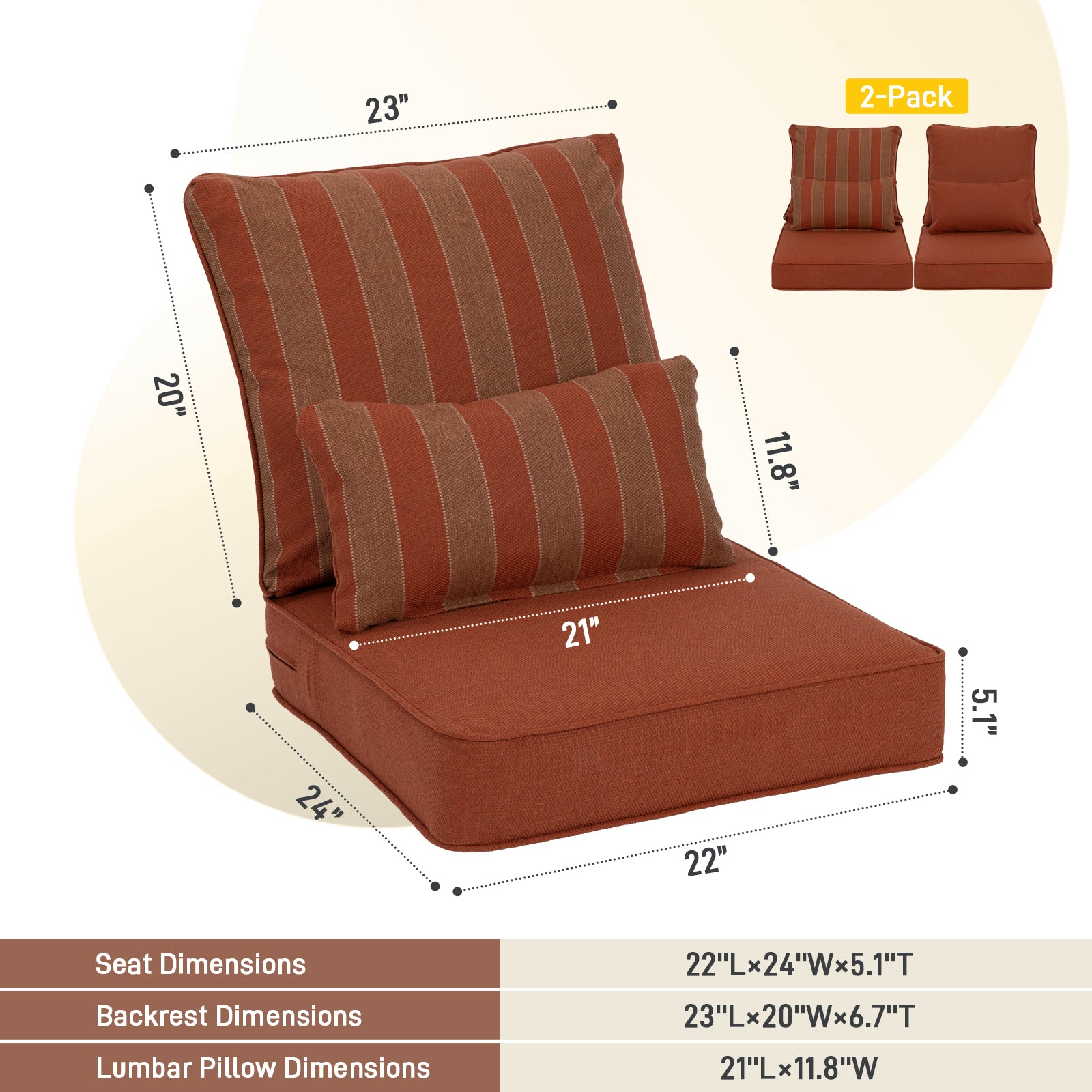 Patio Deep Chair Cushion, 2 Back 2 Seater 2 Pillow, Wine Red Stripe 22"x24"