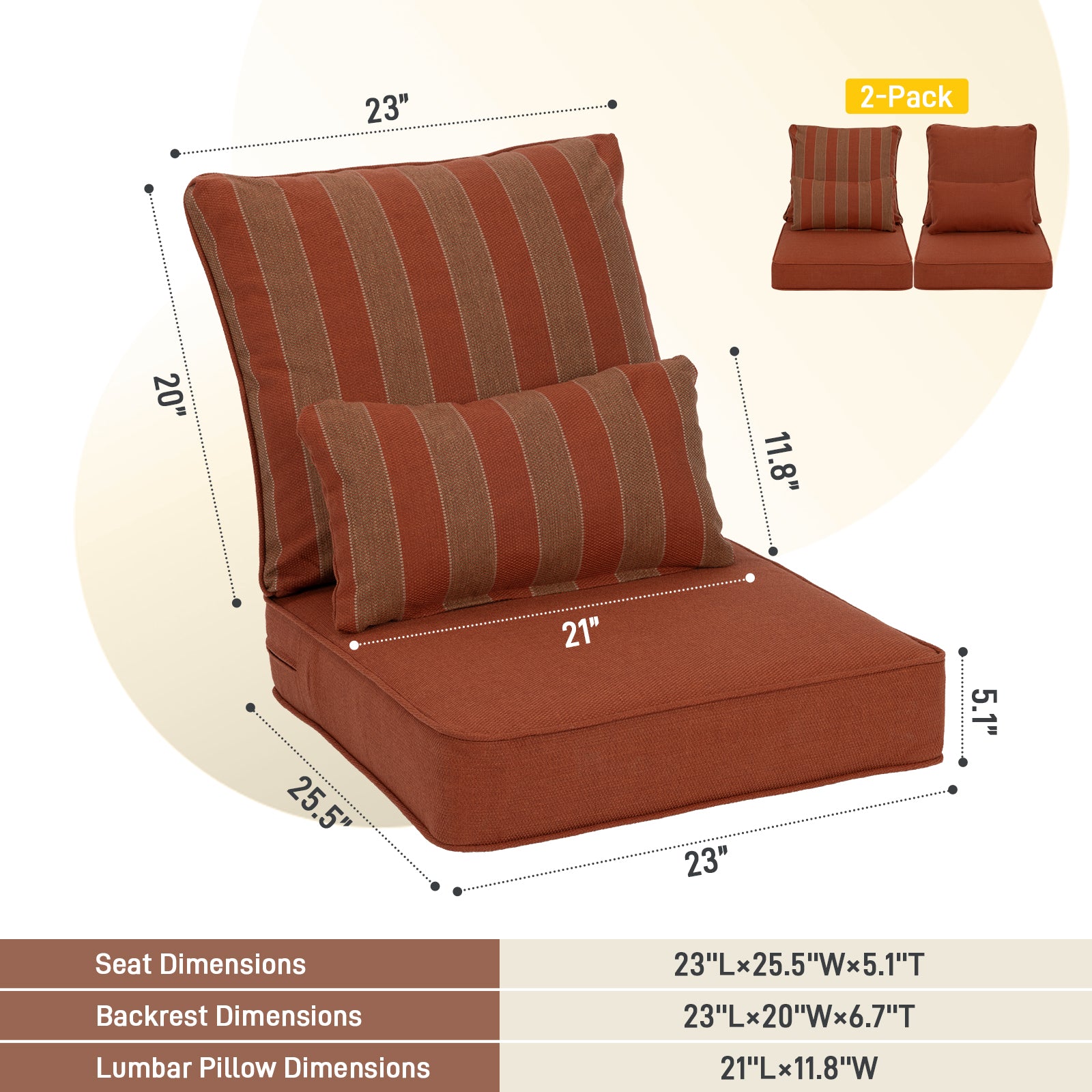 Patio Deep Chair Cushion, 2 Back 2 Seater 2 Pillow, Wine Red Stripe 23"x25.5"