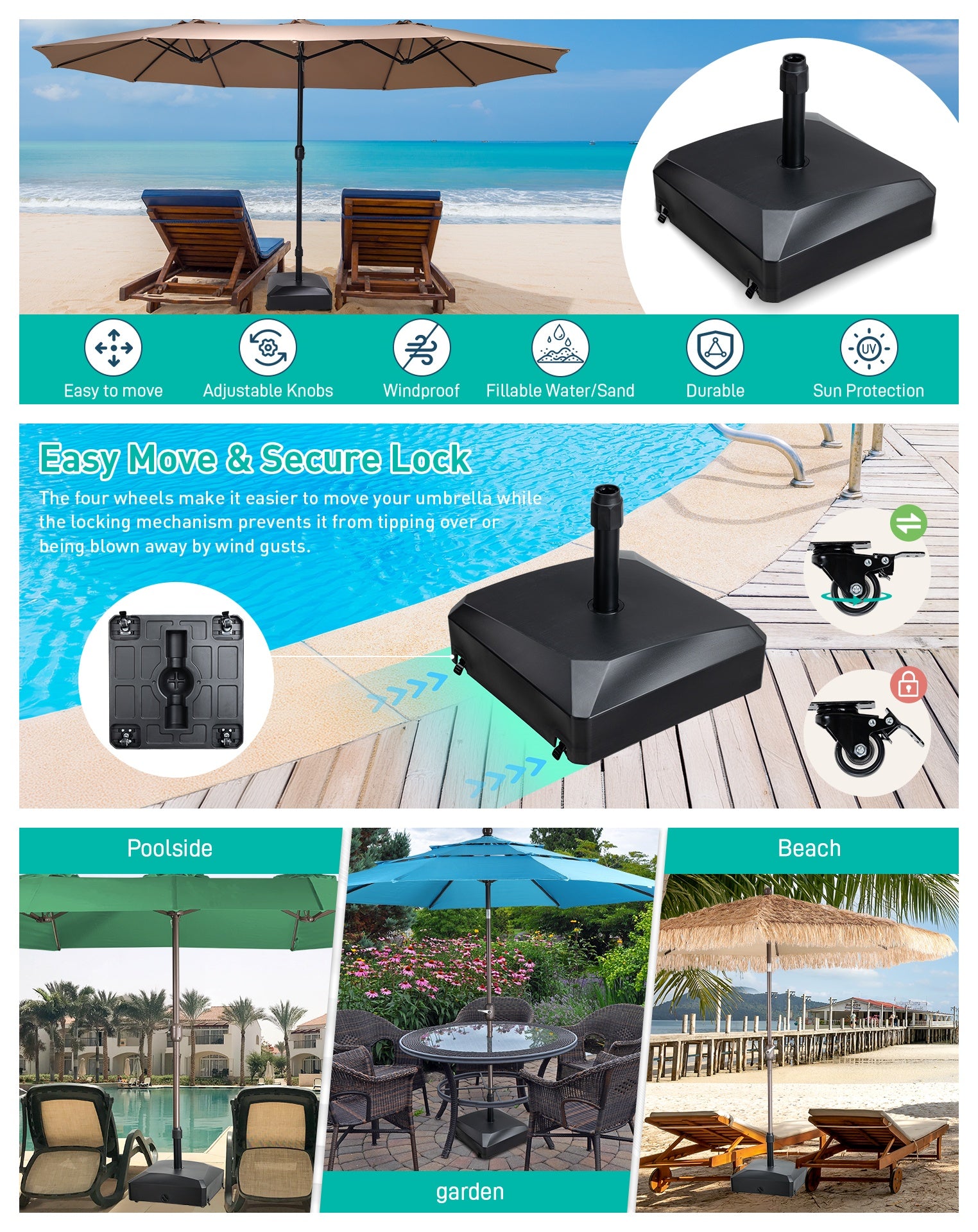 Patio Umbrella Base with Wheels, Heavy Duty Fillable Market Umbrella Stand for Patios, Poolside, Garden with 4 Wheels, 2 Locks and Adjustable Knob