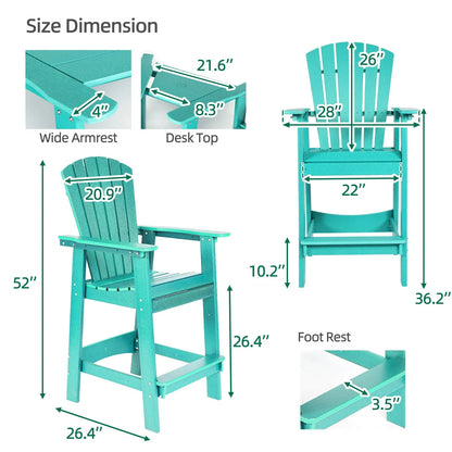 Tall Adirondack Chairs Set of 2,HDPE Patio Bar Stool with Connecting Tray Aoodor Cyan Size Dimension