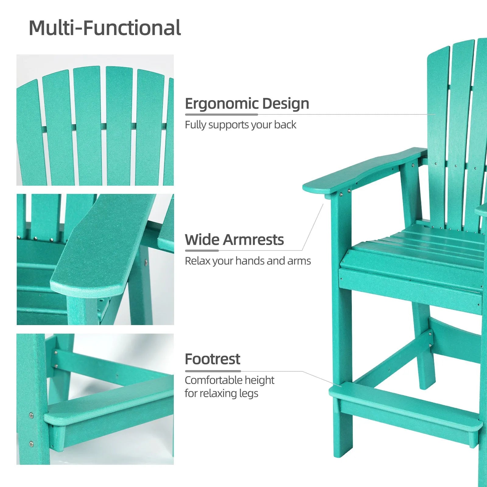 Tall Adirondack Chairs Set of 2,HDPE Patio Bar Stool with Connecting Tray Aoodor Cyan