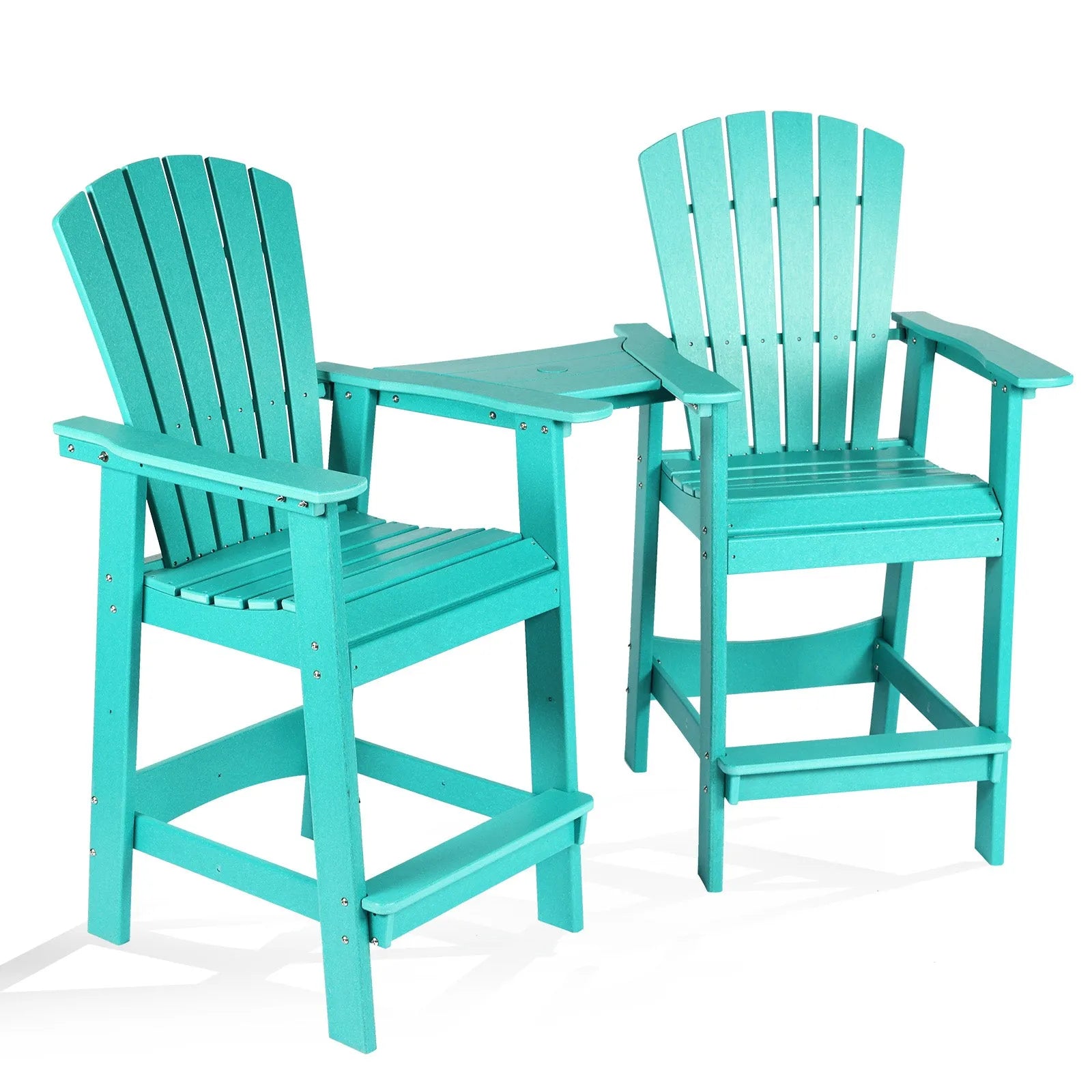 Tall Adirondack Chairs Set of 2,HDPE Patio Bar Stool with Connecting Tray Aoodor Cyan