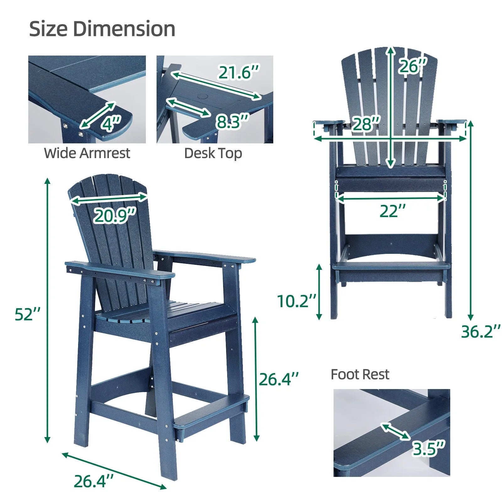 Tall Adirondack Chairs Set of 2,HDPE Patio Bar Stool with Connecting Tray Aoodor Dark Blue Size Dimension
