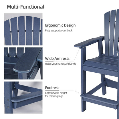 Tall Adirondack Chairs Set of 2,HDPE Patio Bar Stool with Connecting Tray Aoodor Dark Blue Multi-Functional