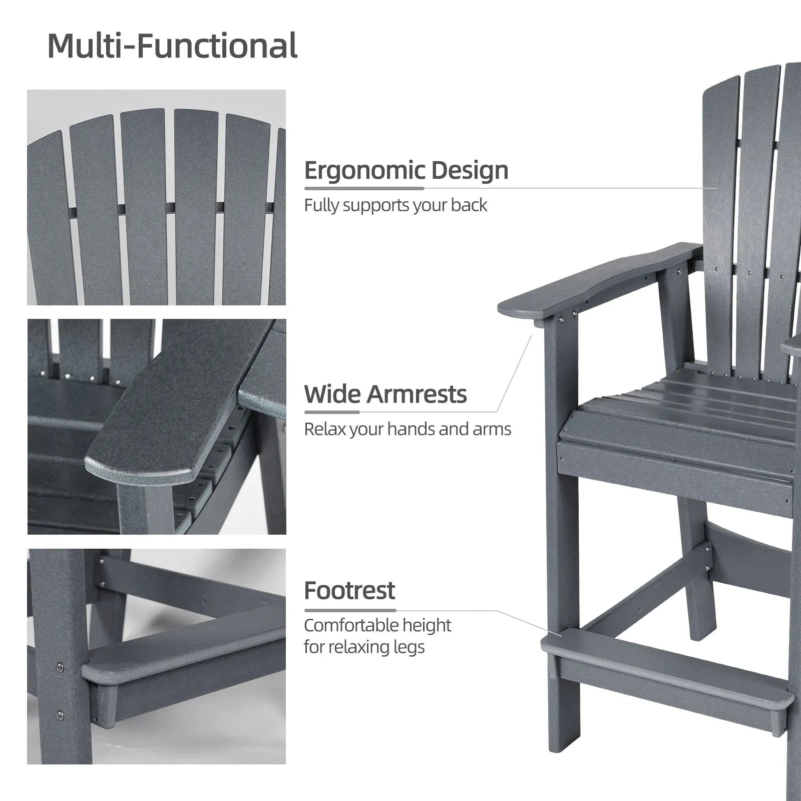 Tall Adirondack Chairs Set of 2,HDPE Patio Bar Stool with Connecting Tray Aoodor Gray Multi-Functional