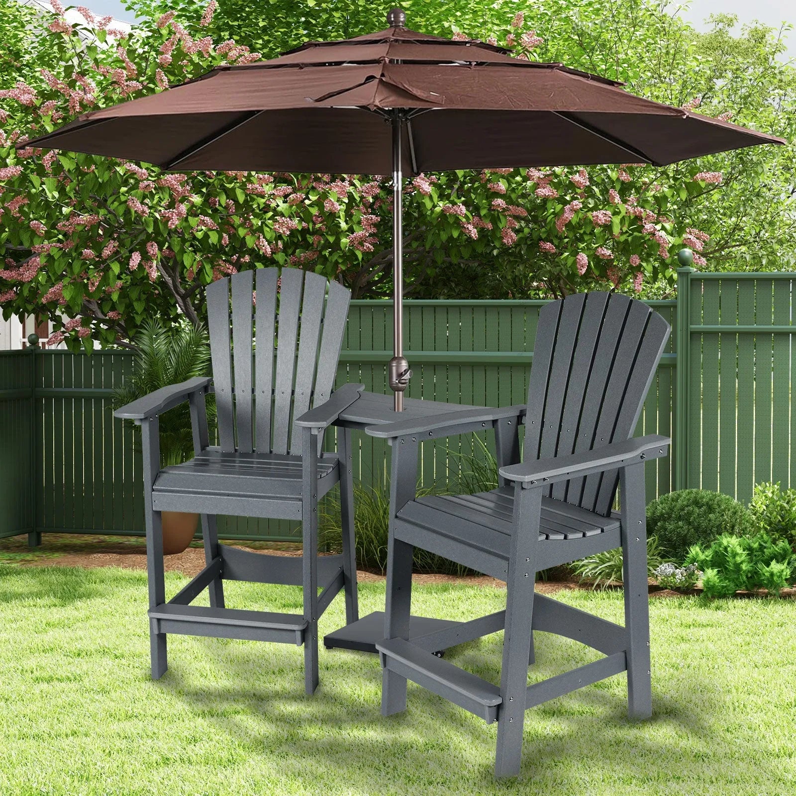 Tall Adirondack Chairs Set of 2,HDPE Patio Bar Stool with Connecting Tray Aoodor Gray with umbrella for patio yard