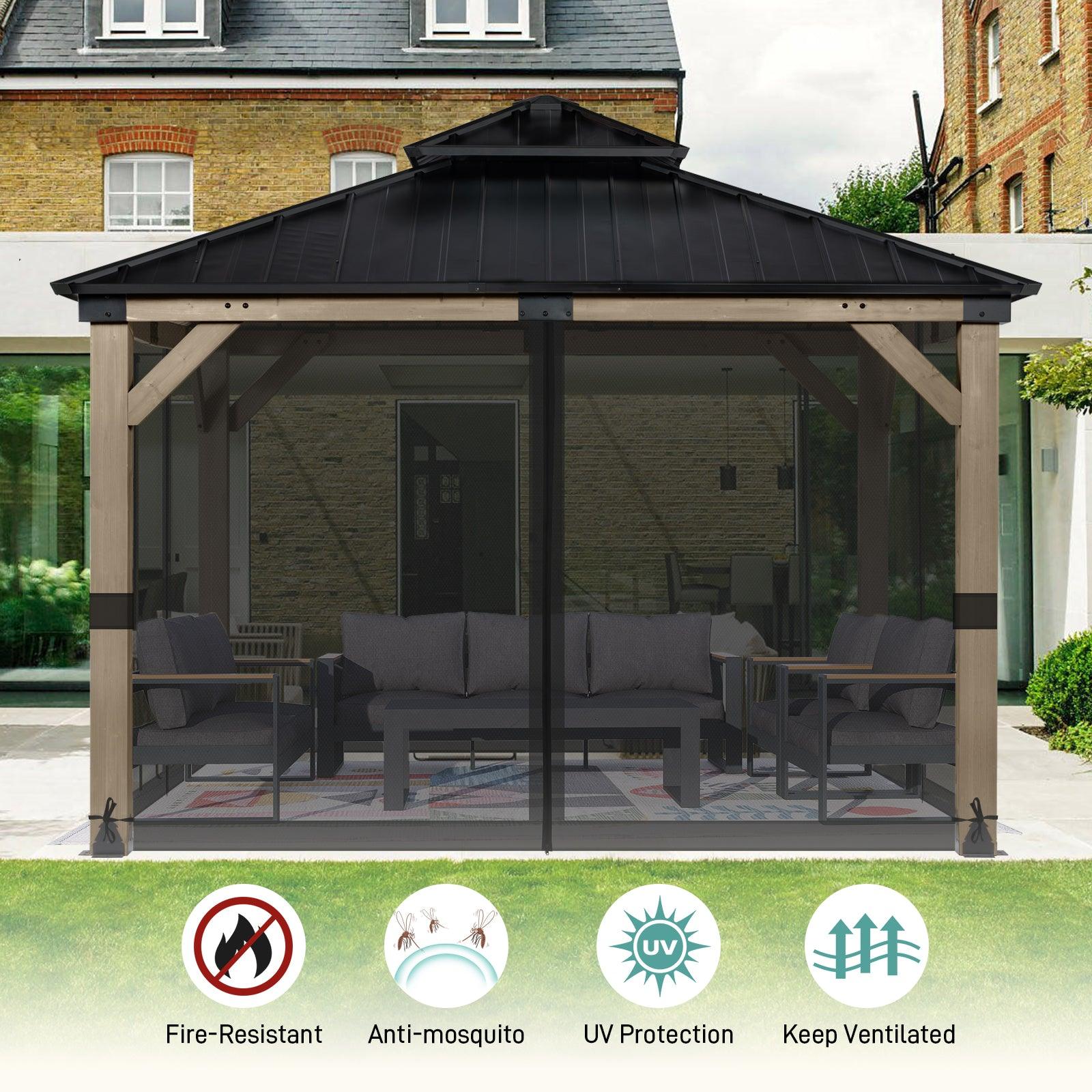 Universal Gazebo Replacement Mosquito Netting Screen 4-Panel Sidewalls with Double Zipper (Only Netting) Black Aoodor