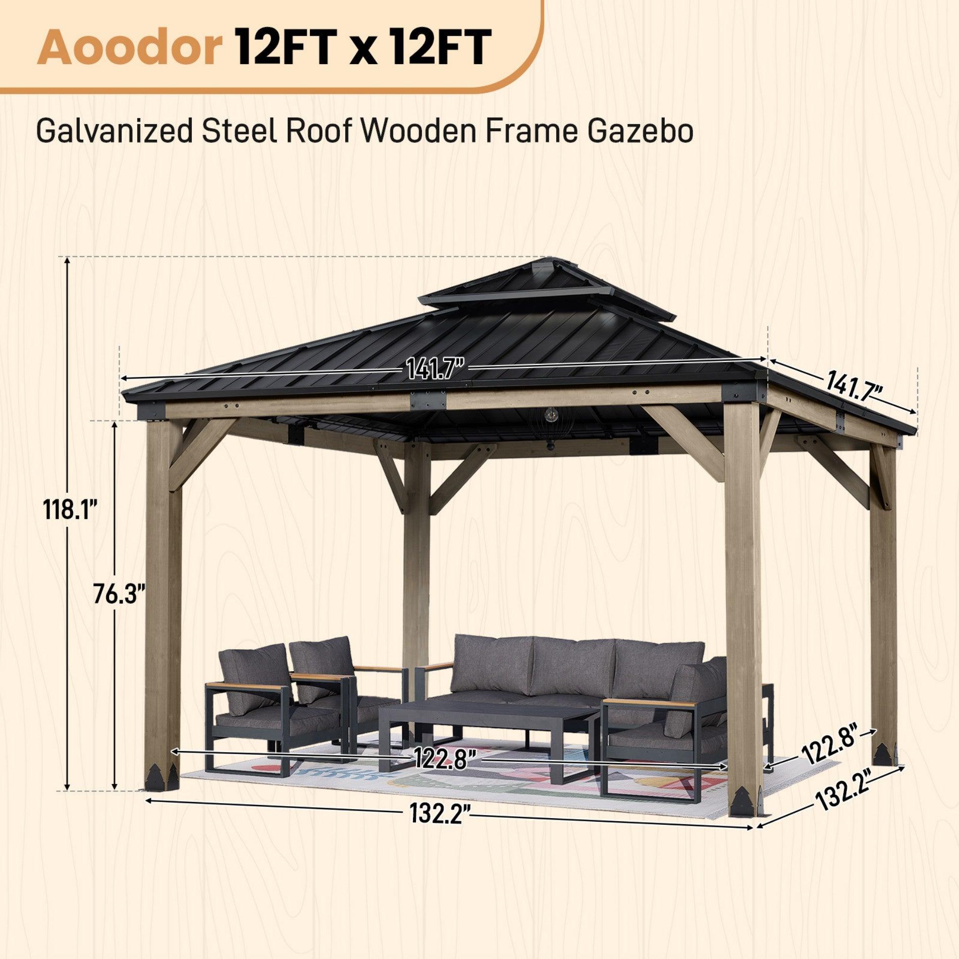 Wood Gazebo,Upgrade Cedar Wooden Frame Gazebo with Galvanized Steel Roof Aoodor 12 FT × 12 FT